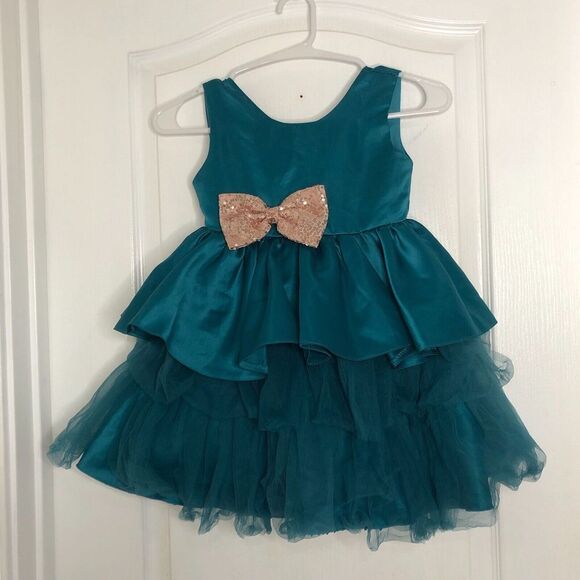 Kids Dress 4Y Blue Sleeveless Big Bow Tulle Back Zip Up Ruffled Layered Skirt - Picture 3 of 7